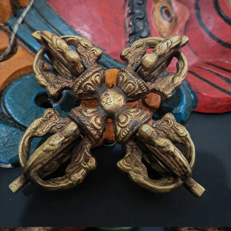 

Five-Pronged Vajra-Shaped Copper Handcrafted Buddhist Ornament In Vintage Ethnic Style