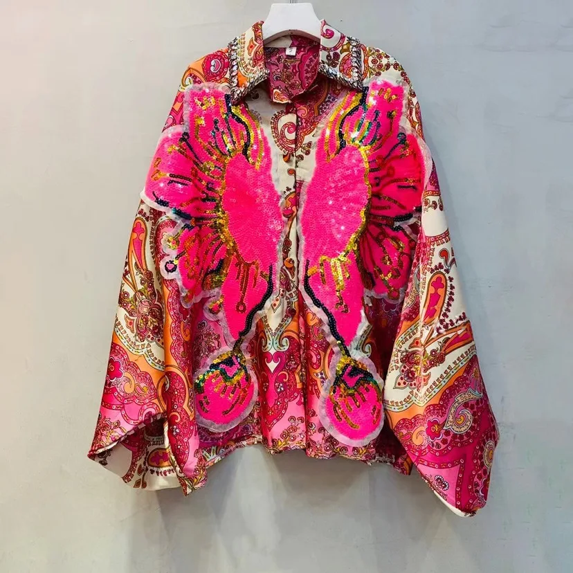 Spring new vintage printed shirts for women with beaded sequins all wear loose shirts