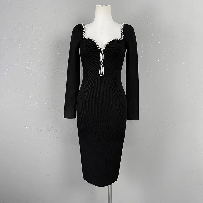 Robe à chaîne à col en V perlée de diamants pour femmes, manches longues, paquet mince, hanches, robes d'occasion formelles, Y2K, 107, 2023, automne et hiver