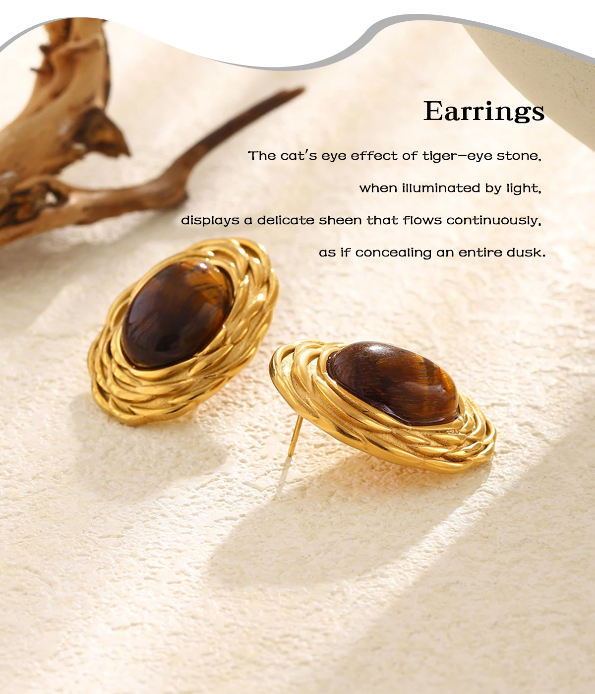 E.B.belle Retro Ovale Tigerauge Ohrstecker 18K Vergoldeter Edelstahl Ohrringe Luxus-Schmuck für Frauen Ohrring Geschenk – Detail 4