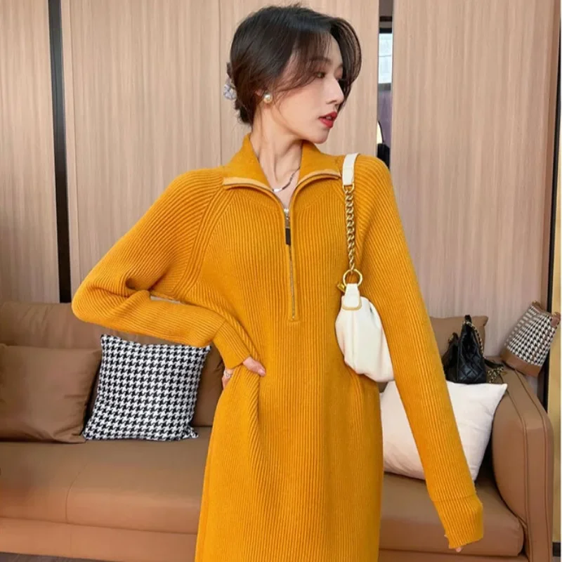 collar zipper knitted sweater dress female 2024 fall and winter Korean version the loose lazy wind in the long bottoming skirt