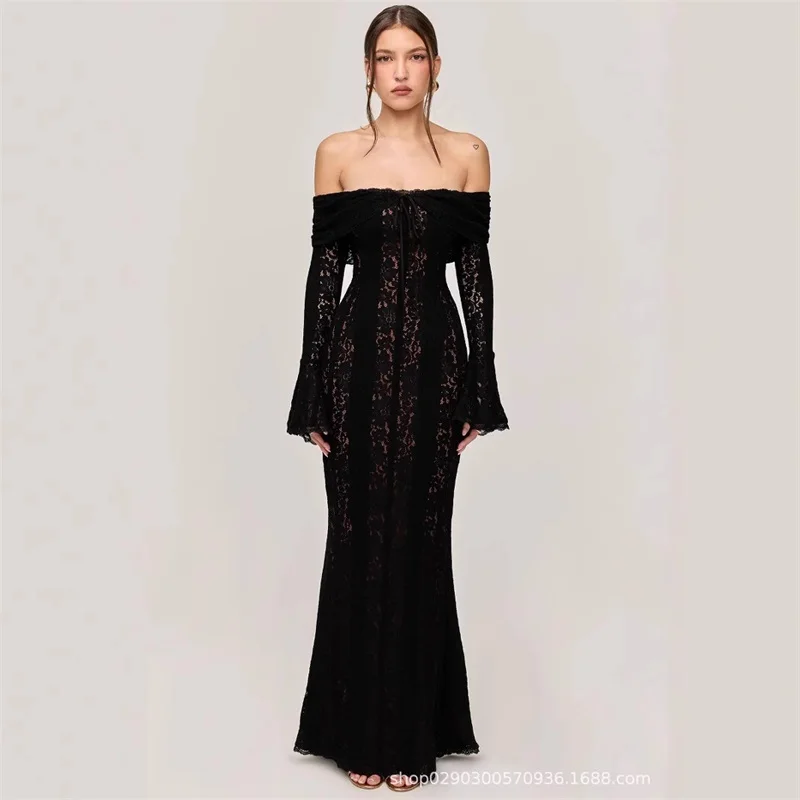 

Lace Off The Shoulder Flare Sleeves Women Mermaid Dress Slim-Fitting Waisted Evening Skirt Multiple Colors Party Gown In Stock