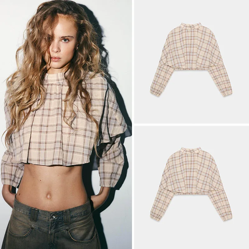 

Spring New Arrival Women's Casual Long Sve Plaid Layered Decoration ort Top Ethnic Stage Costume 8-25 Years Old