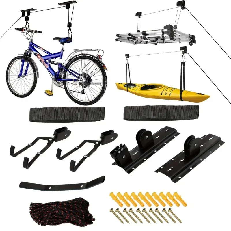 Sistema de polea de elevación de Kayak para almacenamiento de garaje, sistema colgante de elevación de techo de bicicleta, canoa, estante de suspensión de servicio pesado