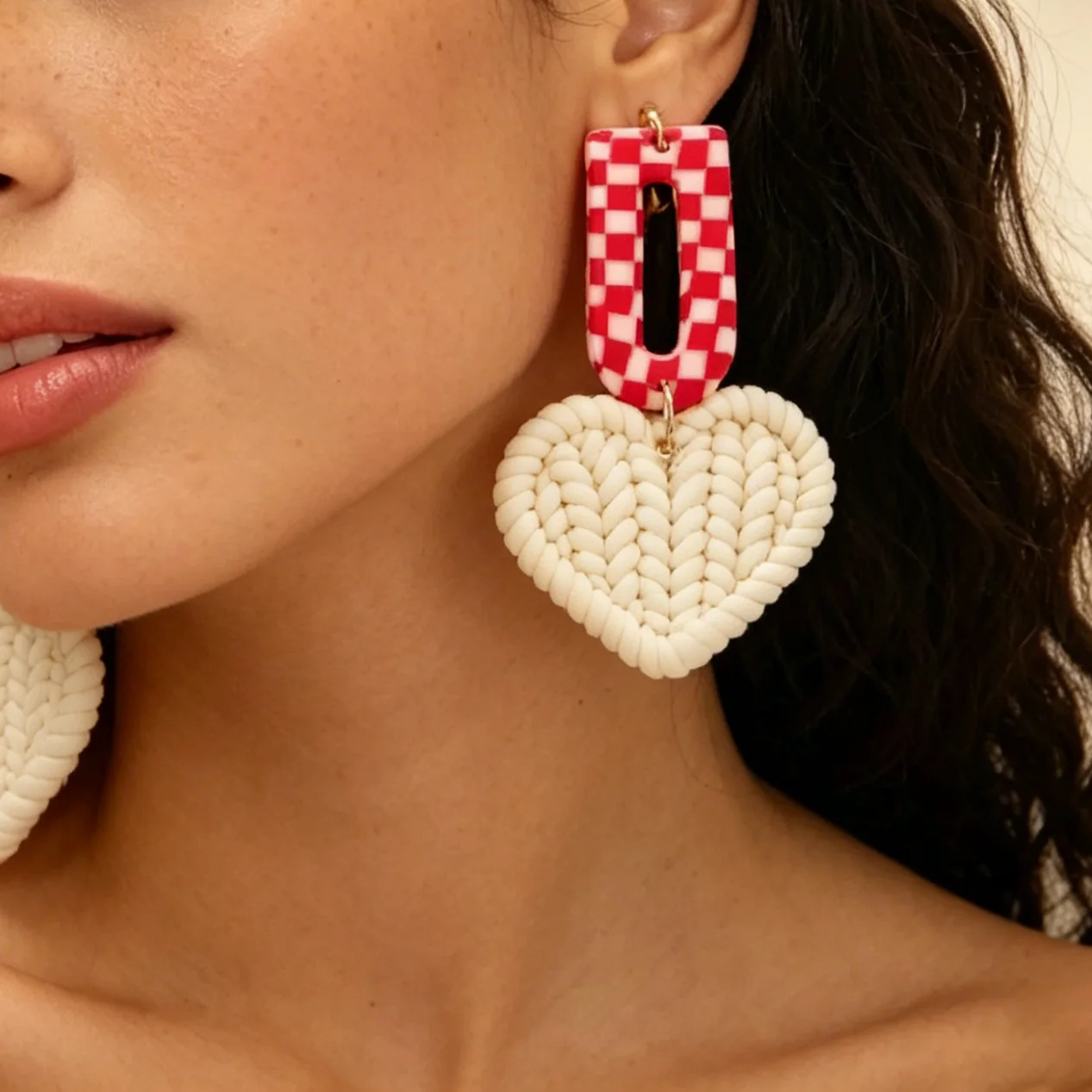 Boho Chic Checkerboard Clay Earrings Funky Red Blue Plaid Geometric Aesthetic 3D Knit Texture Heart Dangle Trendy Summer Accesso