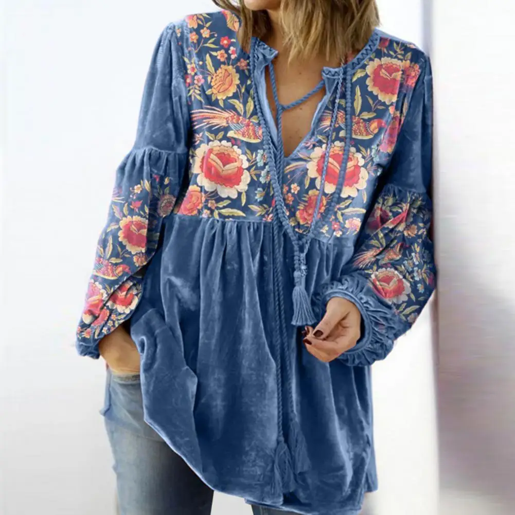 Bohemian Style Top Floral Print V-neck Drawstring Blouse for Women Retro Style Long Sleeve Fall Spring Top with Pleated