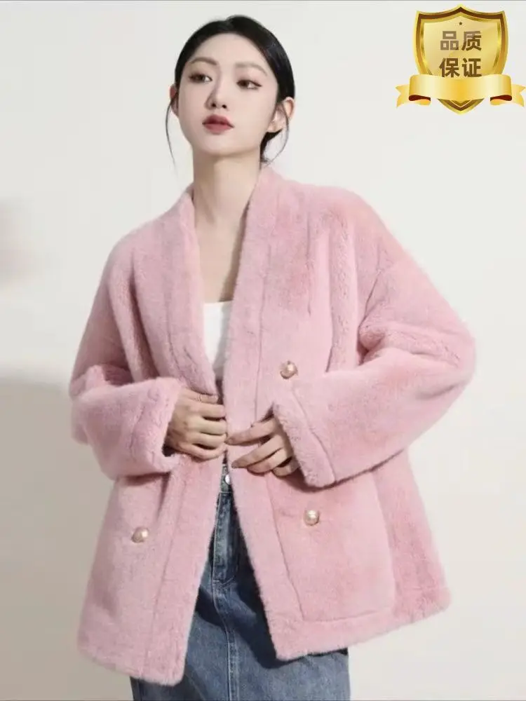 2025 New Solid Fashionable Gentle Casual for Women Round Neck Lamb Fur Coat with Button Winter Fashion Warm Outerwear Wh49