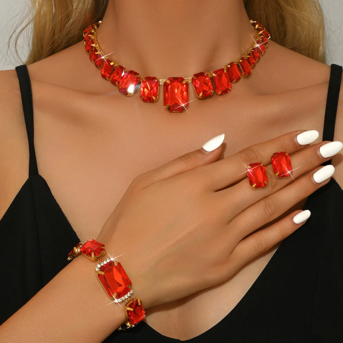

Ruby necklace, earrings and bracelet set - perfect dazzling jewelry accessories for a formal party or event.