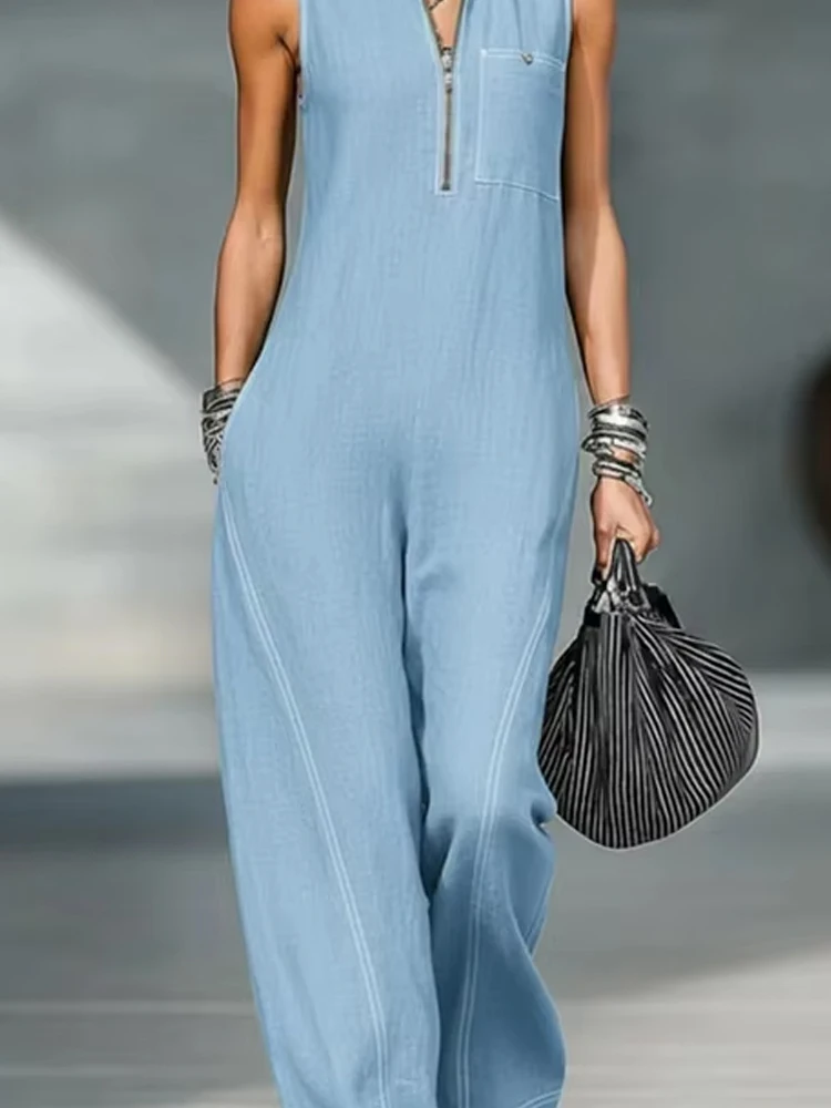 

Модный женский комбинезон без рукавов с воротником-стойкой, элегантный, из хлопка и льна, однотонный, для вечеринок, повседневный, с карманами, на молнии, свободного кроя