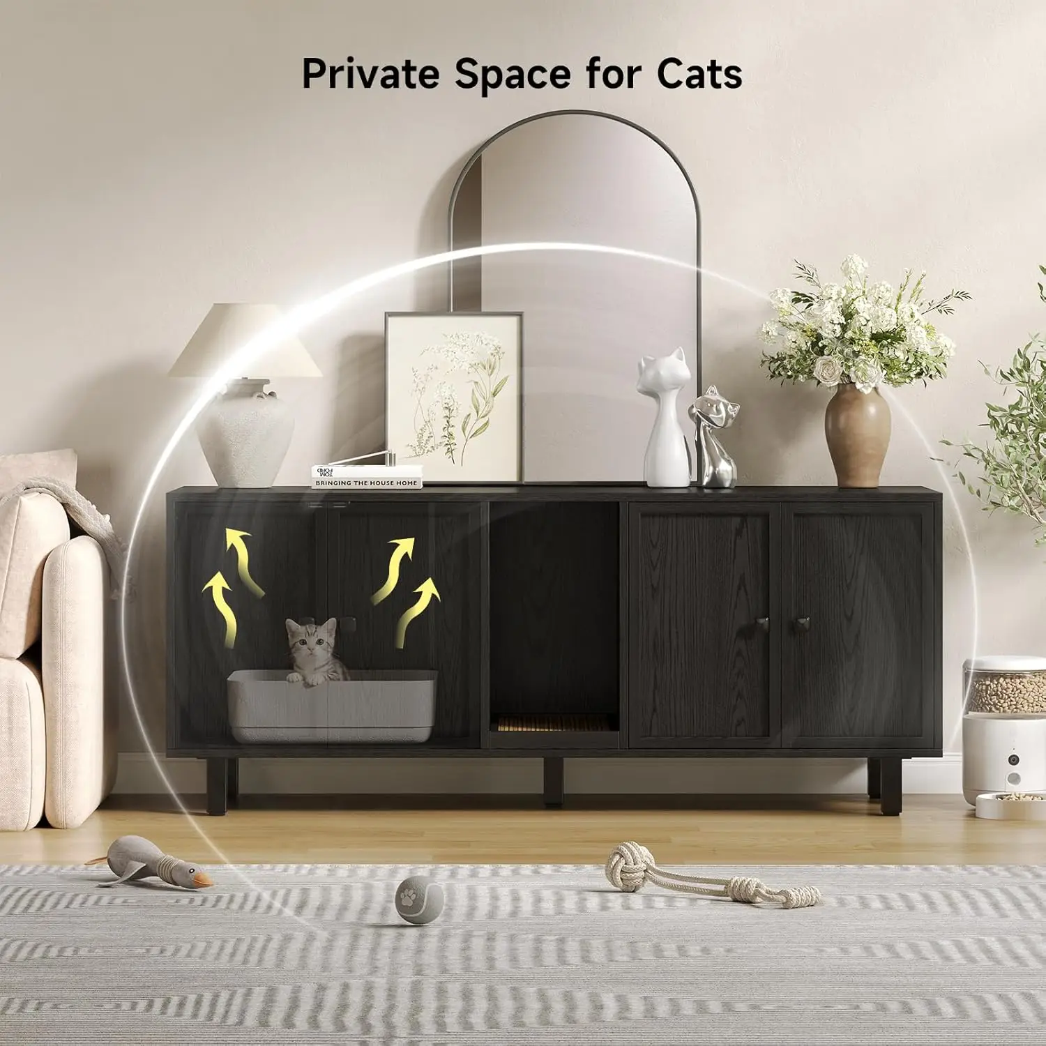 59'' Modern Pet House w/ Cat Scratch Pad, Double Room for 2 Cats, TV Stand Storage Cabinet - Black Heavy-Duty
