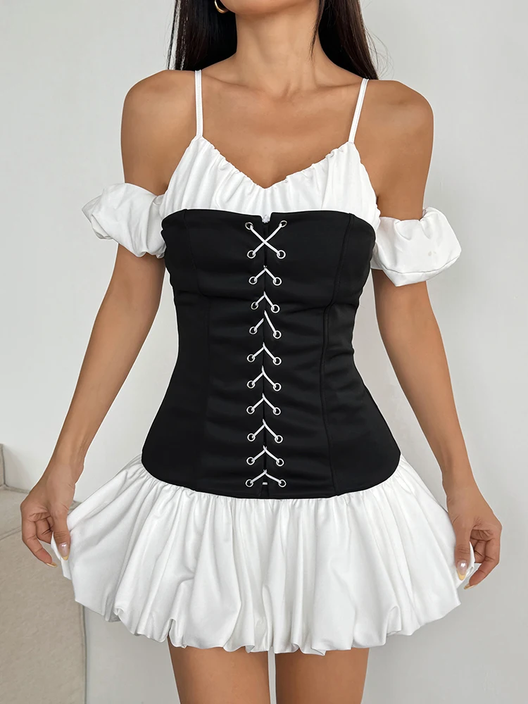 Women A-Line Dresses New Summer Streetwear Fashion Puff sleeves Lace-up Pleated Dress Black Sexy Backless V-neck Sling Dresses