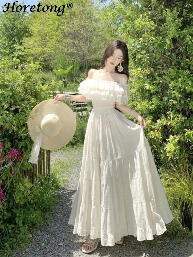 Horetong vestido francês elegante para mulheres, três camadas, borda com babados, pescoço grande, balanço, vestidos longos, novo vestido de férias de verão