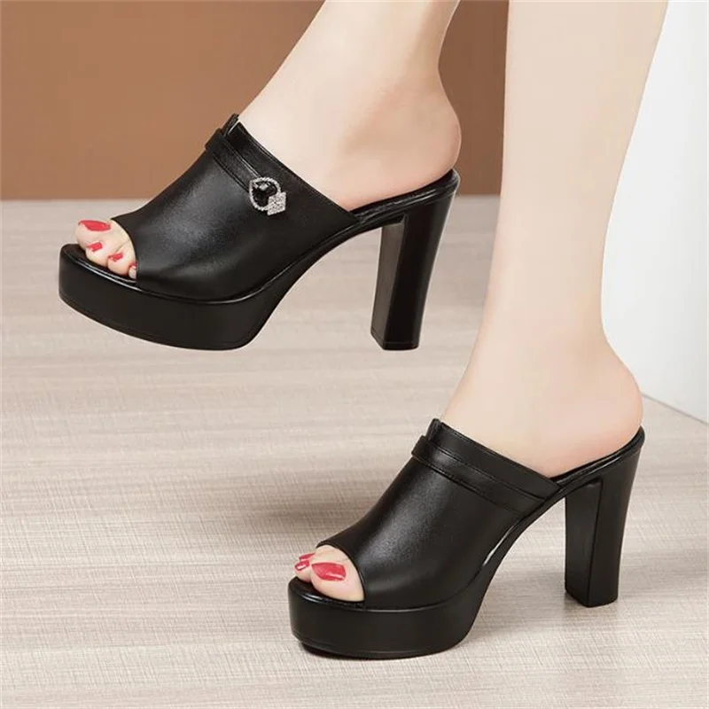 10CM Summer Heeled dermis sandal Ladies Shoes for Women slipper Peep Toe Outside Women's Professional party slippers 32 43