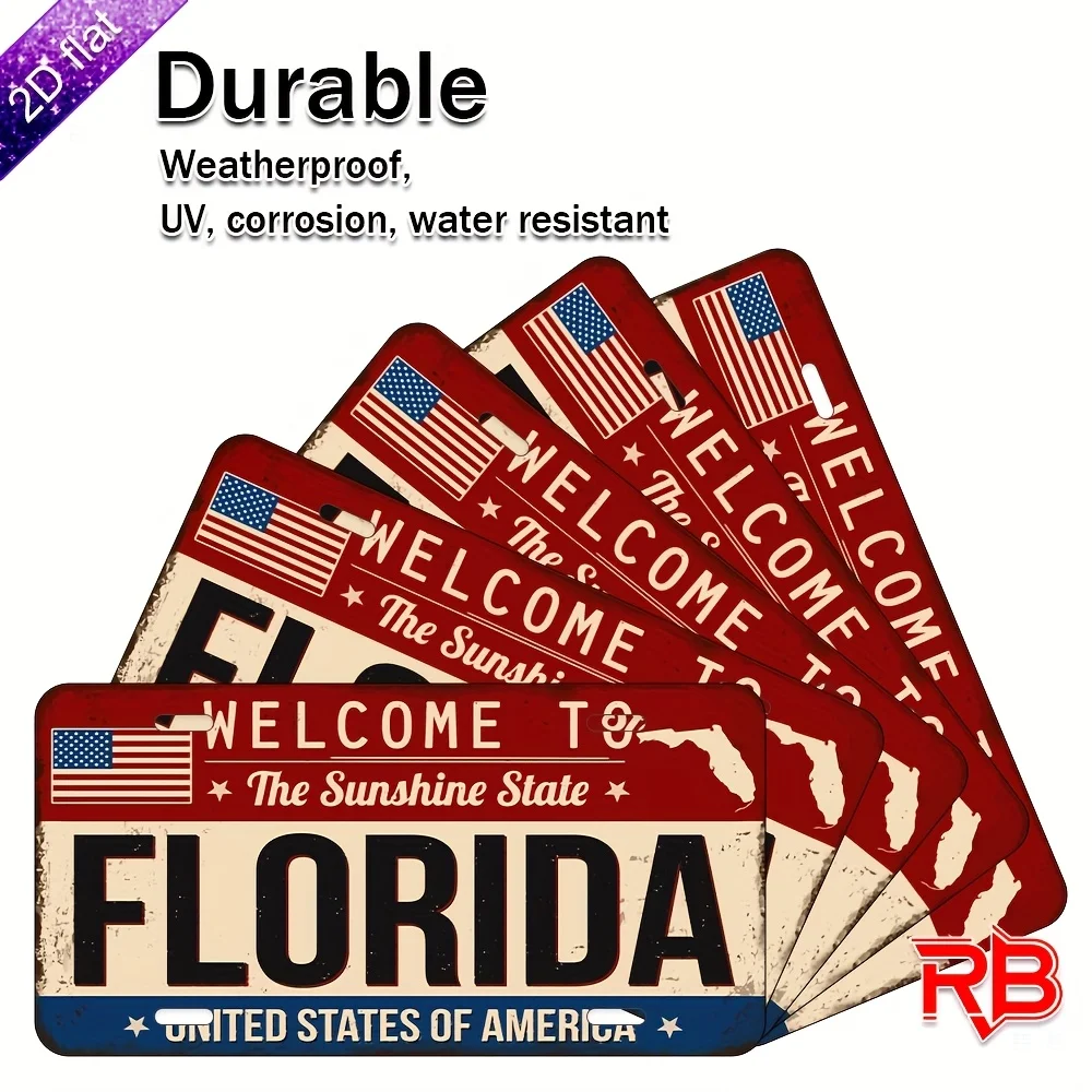 2D Flat Aluminum Wall Sign - "Welcome to the Sunshine State Florida" with American Flag Design, UV Printed, 30.0x14.99 cm, Ideal - Detail 1
