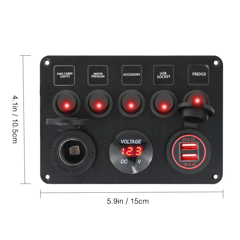 Boat Switch Panel Car Switch Panel Waterproof Digital Voltmeter Dual USB Port 12V Outlet Combination Marine LED Rocker 5 Gang