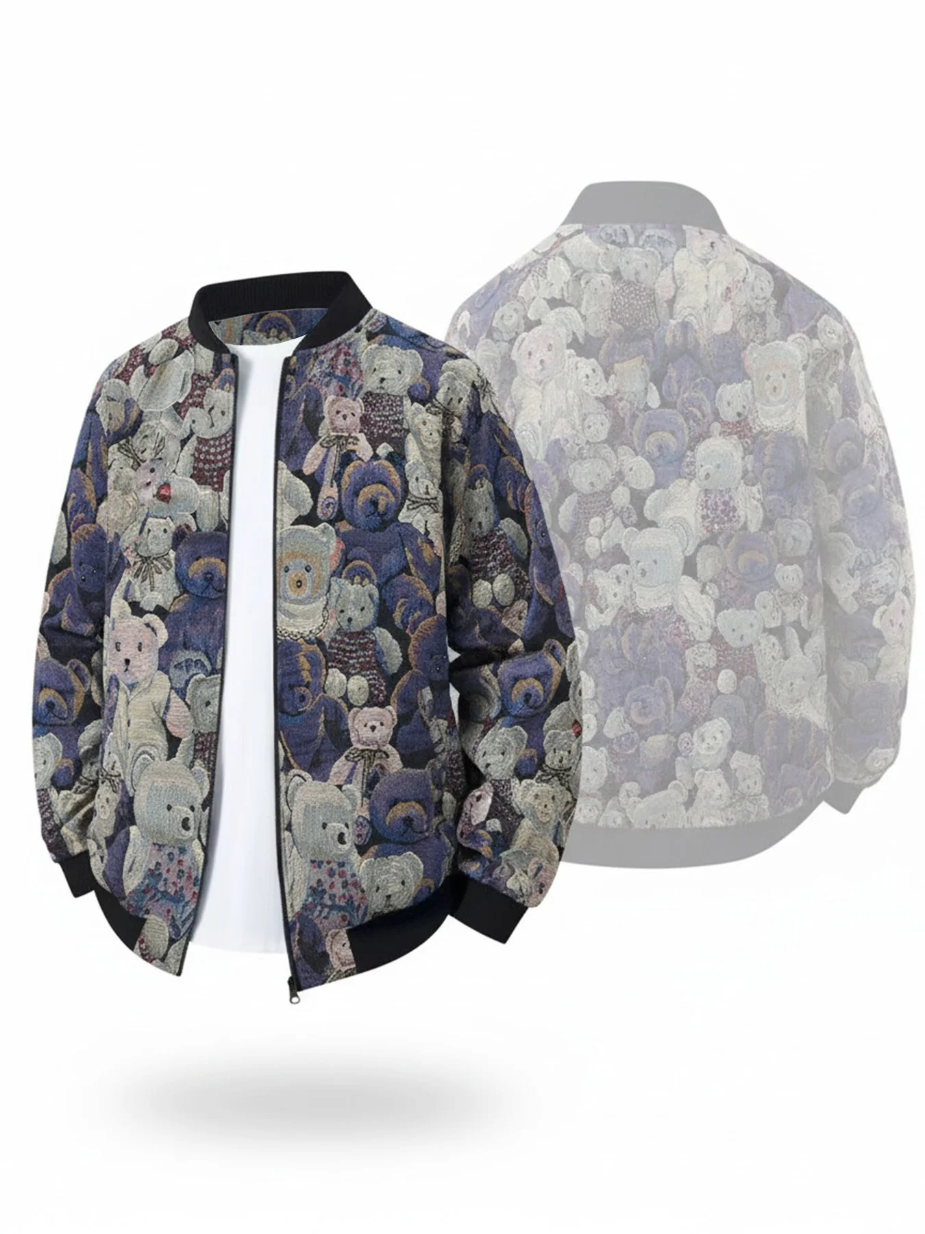 

Men's American Retro Full-Pattern Teddy Bear Jacquard Baseball Jacket, New Unique Design, Versatile and Non-Copy Style