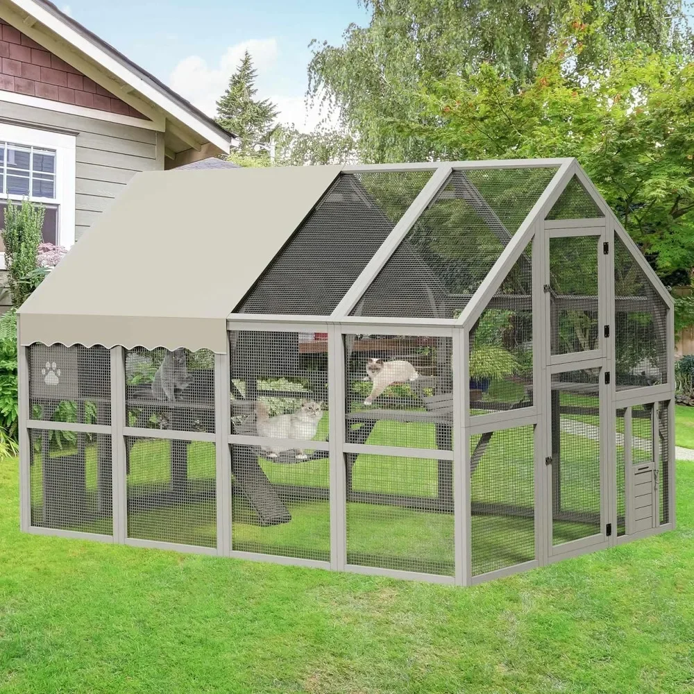 Large Walk-in Cat Cage - Outdoor Cat Playpen Patio with Weatherproof Roof, Cat Scratcher Ramp, Space Capsule Bed