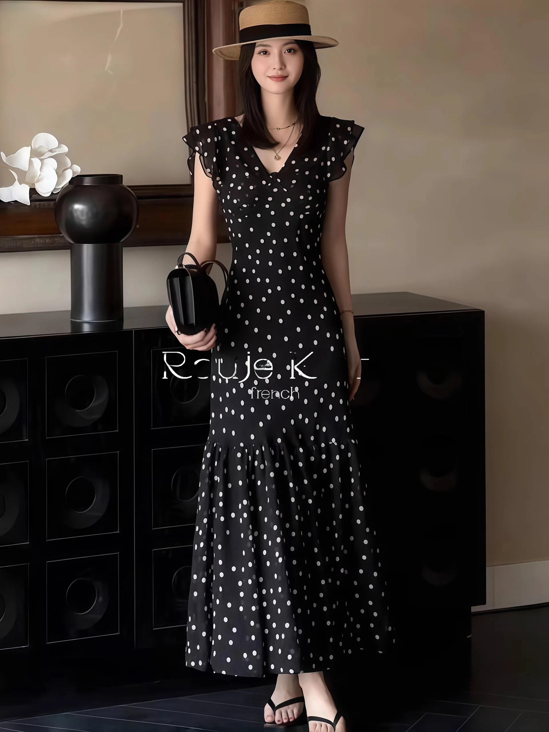 

ROUJE KEFSS Hepburn Polka Dot Fly Sleeve Dress Summer Waist Cinching Elegant Butt Covering Fish Tail Skirt Commute Style