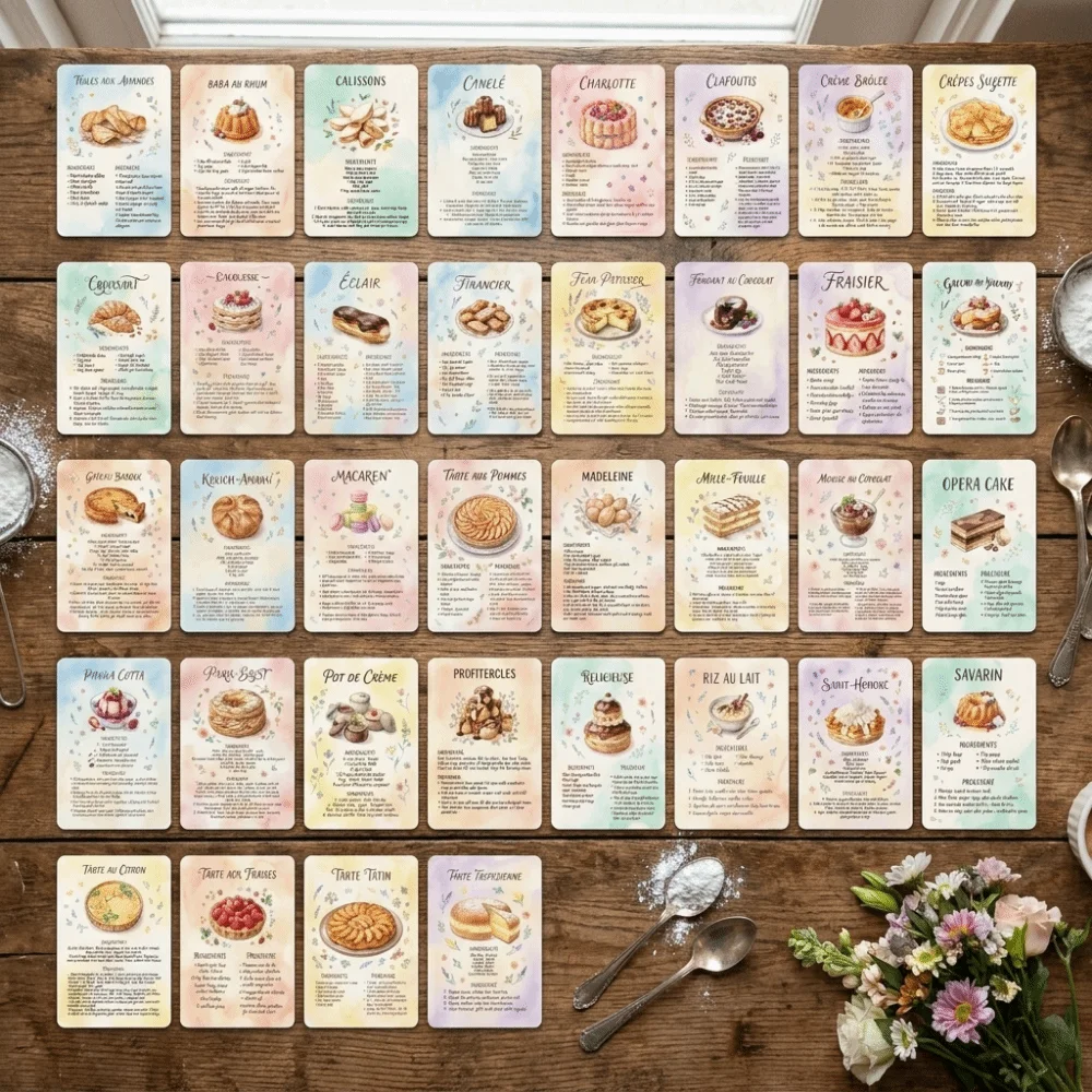 Vintage Dessert Baking Recipe Cards Retro Ingredient Lists Sweet Dessert Recipe Postcards Pocket-Sized Step Instructions