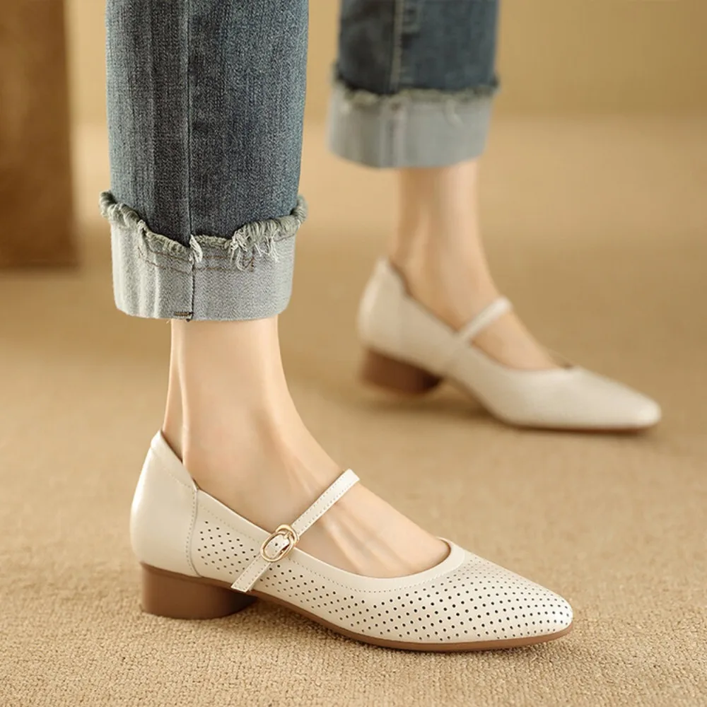 Pointed thick heel shoes for women's spring and autumn new shallow cut leather hollow breathable shoes