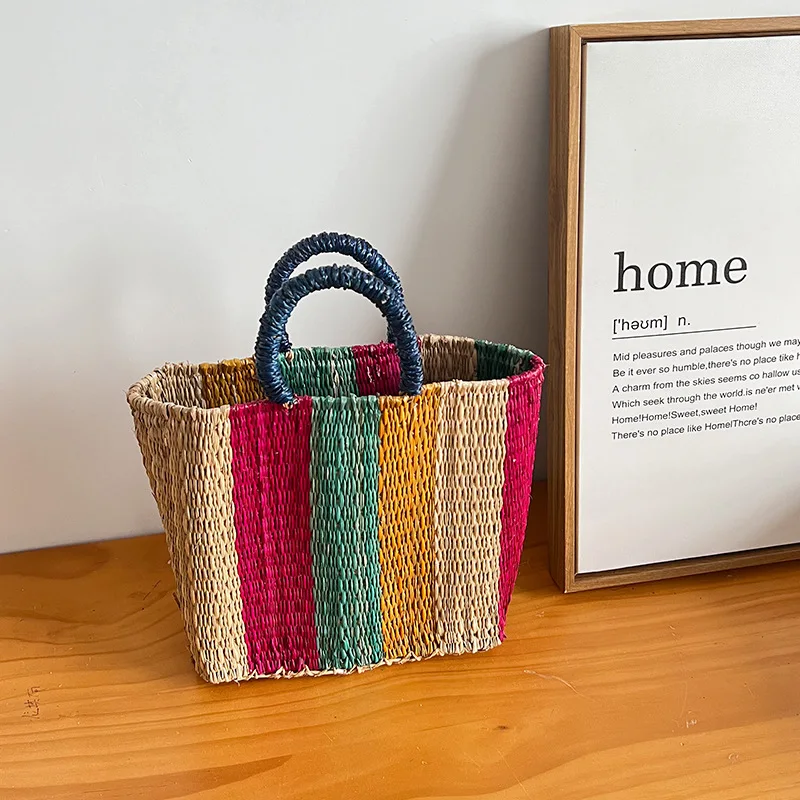 

Летняя модная красочная полосатая соломенная сумка ручной работы, плетеная из ивы, для пляжа, в богемном стиле, для путешествий, отпуска, пикника, шопинга 2026