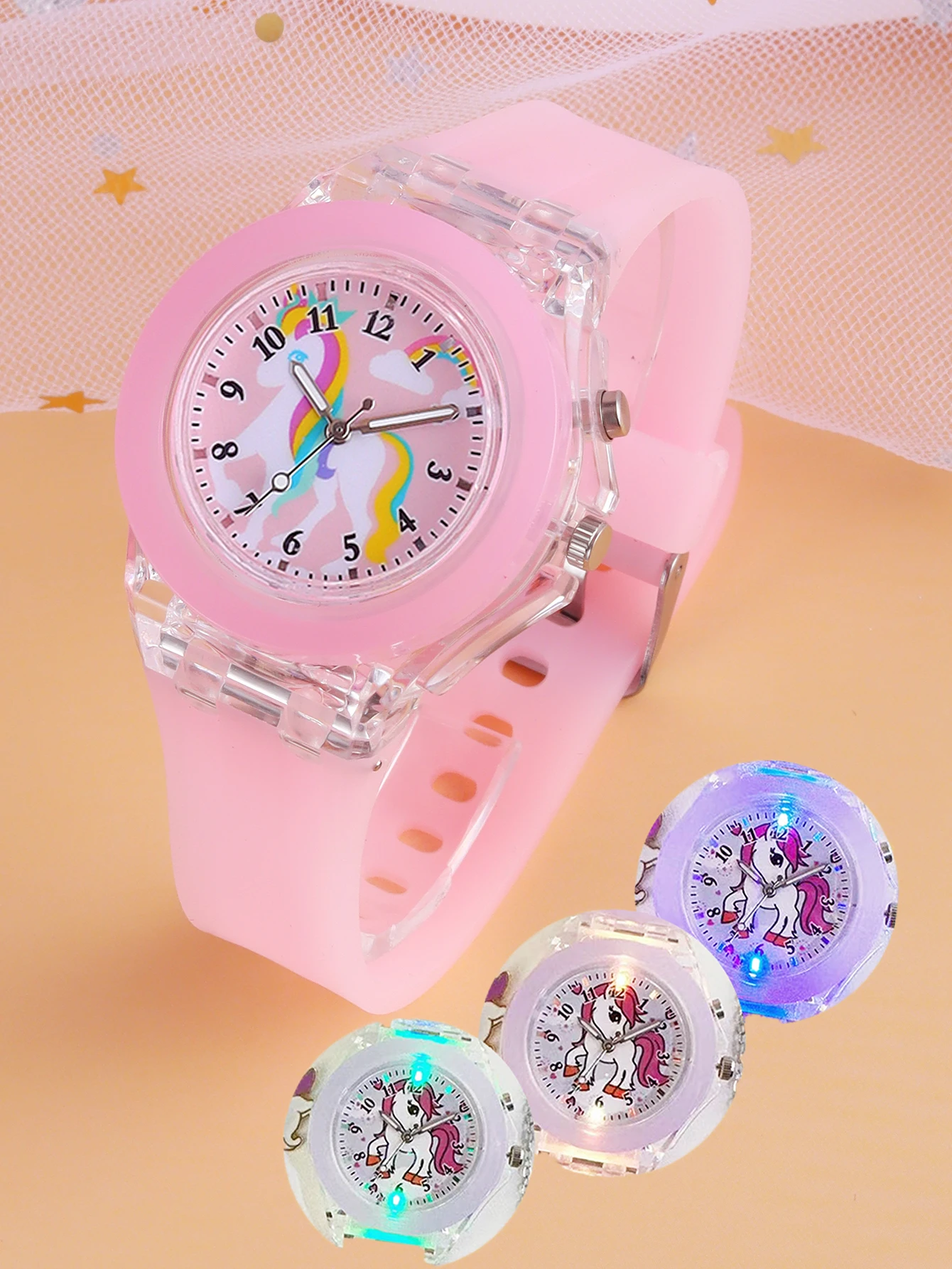 ساعة كوارتز متوهجة للأطفال، بحزام سيليكون ناعم وسوار وحيد القرن كساعة هدية للأطفال.