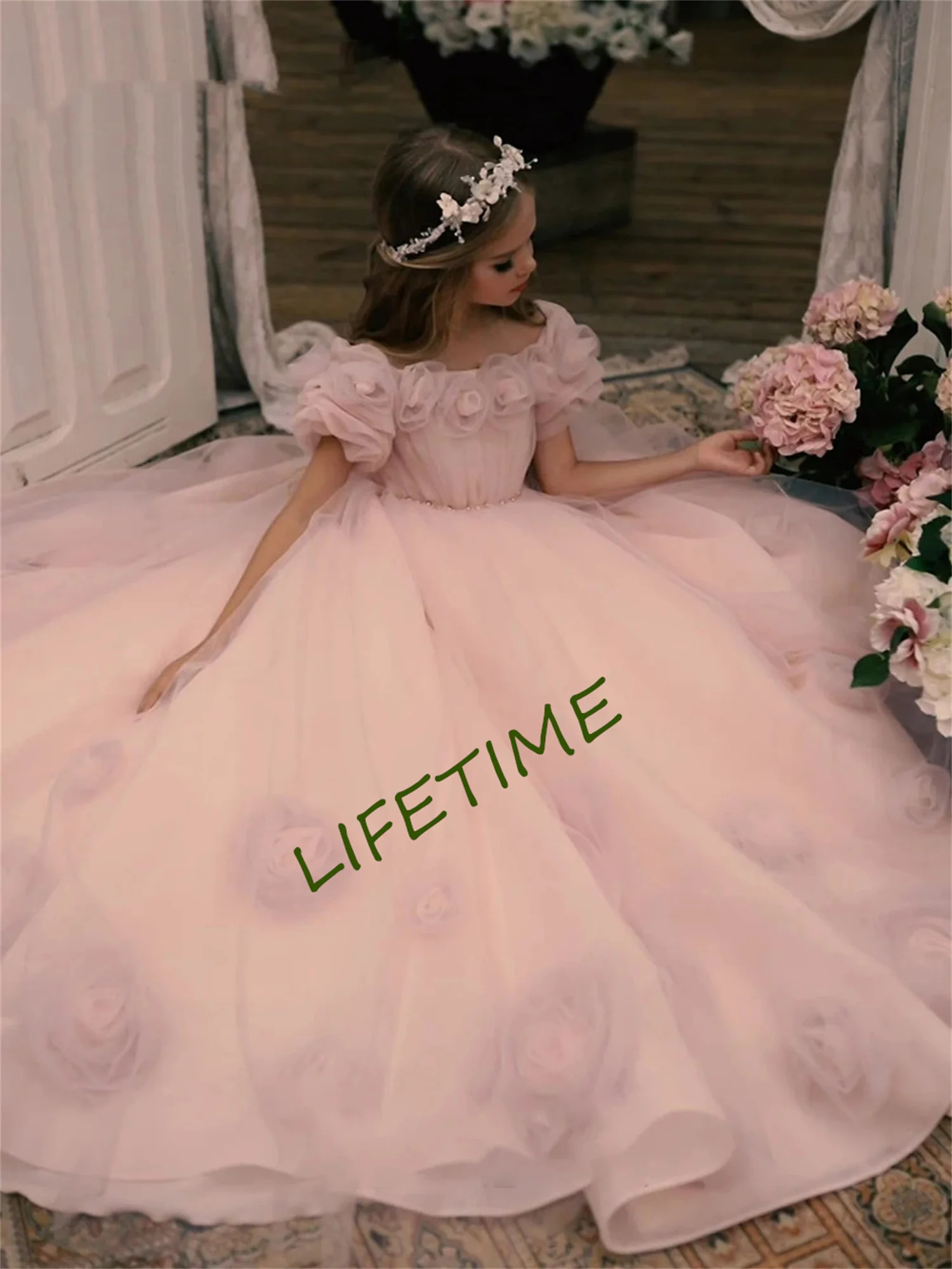 Pink Flower Girl Dress Puffy Wedding Party Dresses Cute Baby Girl Dress Princess Dress First Communion Gown Ivory