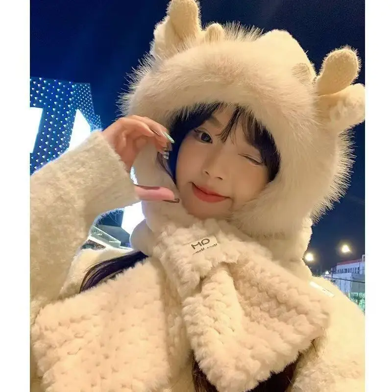 AliExpress NONE Fashion Elk Antlers Plush Hat Scarf Gloves Women's Winter Ear Protector Thickened Lei Feng Hat Cycling Ski Cap Wind Proof