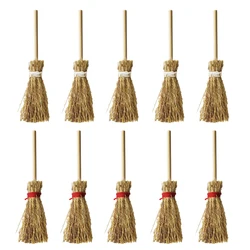 10pcs Mini Broom Witch Straw Brooms DIY Hanging Ornaments for Halloween Party Decoration Costume Props Dollhouse Accessories