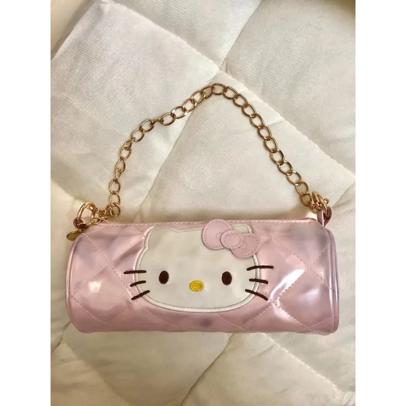 Xiuya Pink Cute Shoulder Bag for Women Y2k Hello Kitty Embroidery Elegant Handbag Chain Kawaii Casual Barrel-shaped Armpit Bag