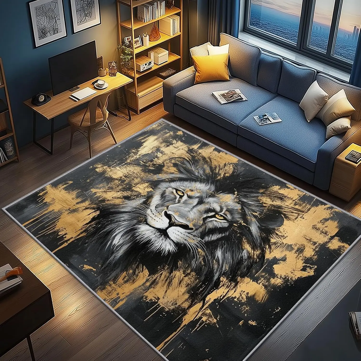 

Lion Rug, Lion Head Animal Men Boys Living Room Mat,Fade Resistant Reduce Noise Printed Carpet for Family Bedside Bedroom