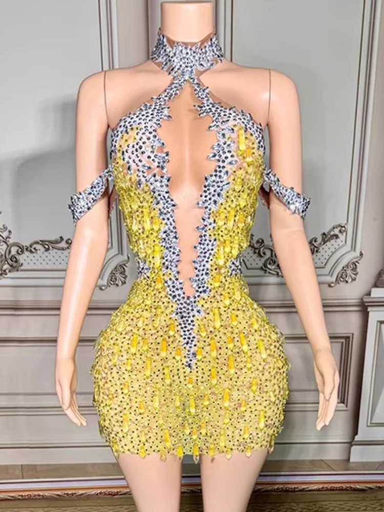 Vestido elástico colgante con cuello Sexy y diamantes de imitación de alta calidad, nueva moda 2025, ropa personalizada para mujer