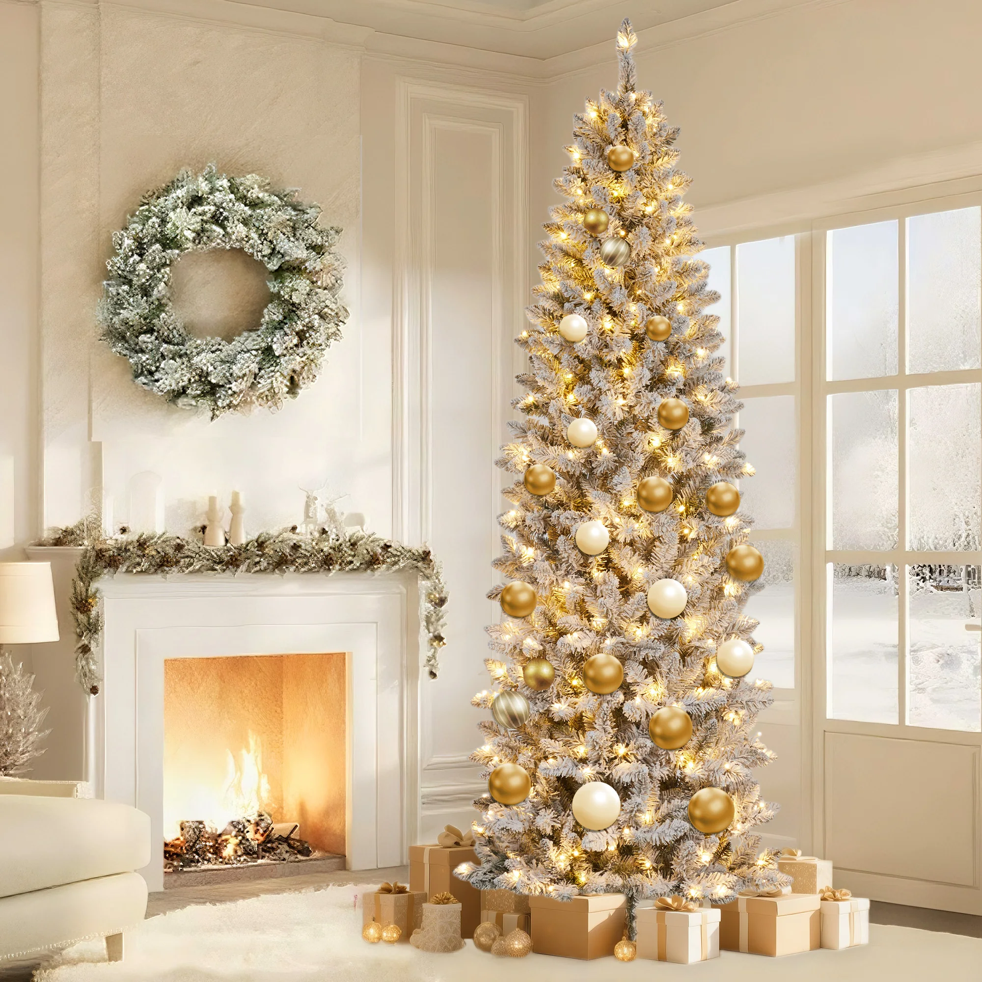 GAOMON 7.5FT Snow Flocked Pre-Lit Slim Pencil Christmas Tree – 170 Warm White LEDs, Artificial PVC Holiday Tree for Small Spaces, Easy Assembly with Metal Stand