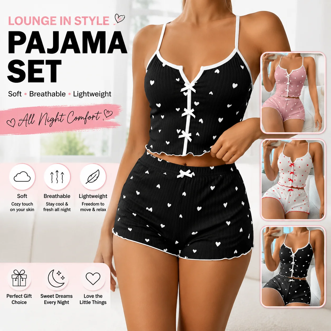 Sweet Cute Heart Pattern Two Piece Set Ladies Soft Breathable Spaghetti Strap Nightwear Summer Casual Homewear Set Ladies Pajama