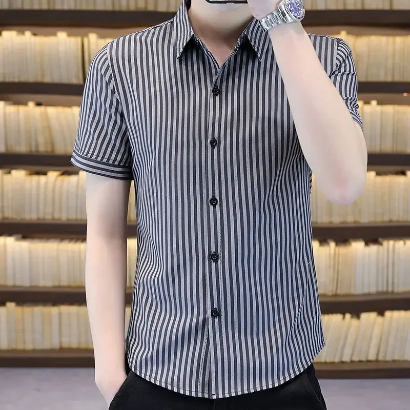 

Мужская рубашка и блузка для офиса, черный мужской топ в полоску, деловая Классическая рубашка с воротником, модная недорогая брендовая Дизайнерская одежда, 2024