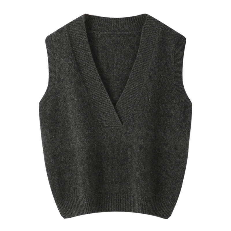 Women\'s V-neck Wool Waistcoat Autumn Winter Office Lady Simple Style Cashmere Sweater 100% Merino Wool Knit Sleeveless Pullover