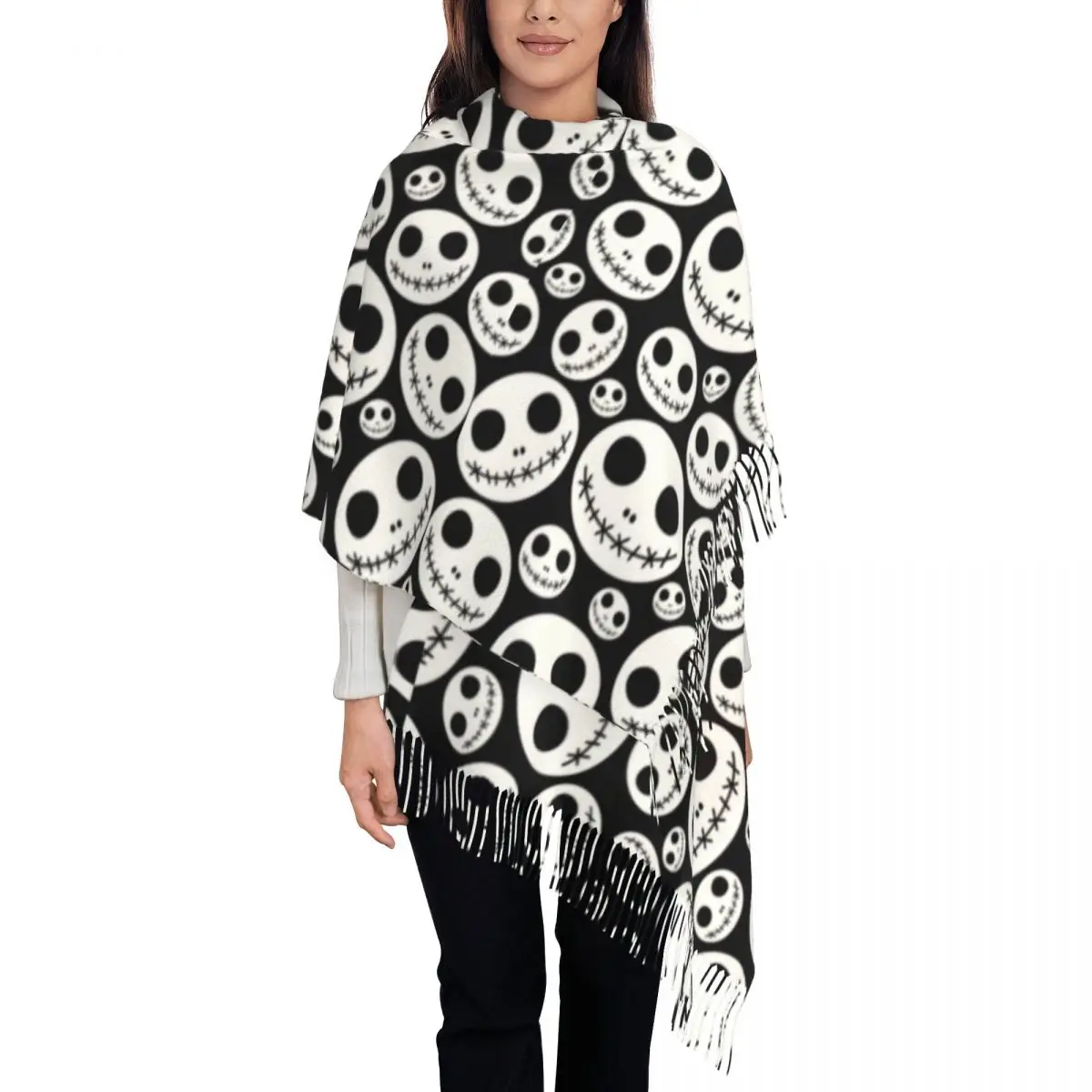 Custom Halloween Skeleton Jack Skellington Scarf Wrap for Winter Warm Tassel Shawl Unisex The Nightmare Before Christmas Scarves