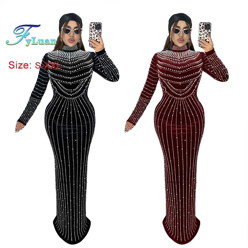 2026年ファッション女性服 エレガントなパーティロングドレス スエード ホットラインストーン 長袖 マキシドレス セクシー スリムドレス プロムガウン