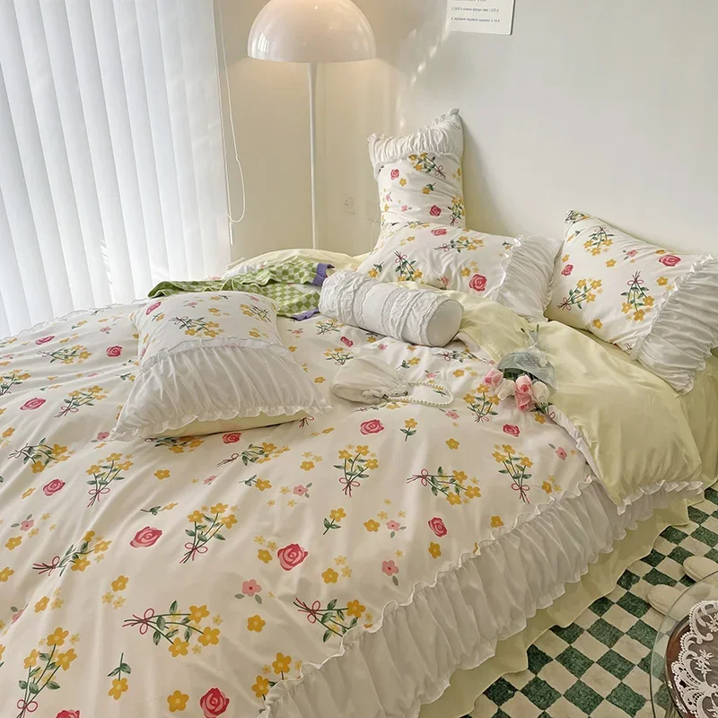 Sweet Laciness Bouquet Polyester Bed Sheet Duvet Cover Pillowcase Four-piece Spring Autumn Summer Bedding Set Bed Shirt M066-8