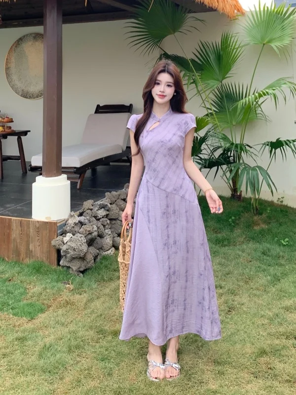 

plus Size Short Sleeve Dress New Chinese Style Slimming Waist Design Summer Long Skirt Commute Style A-Line Dress