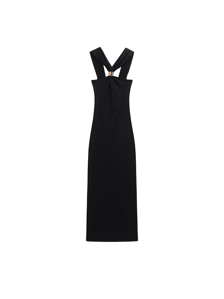 

European and American style spring new women's clothing gold inlaid knitted fashionable temperament halter neck dress