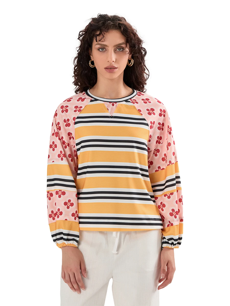 Women Loose Knit Tops Contrast Color Stripe Floral Print Long Sleeve Pullovers Spring Fall Casual Jumpers