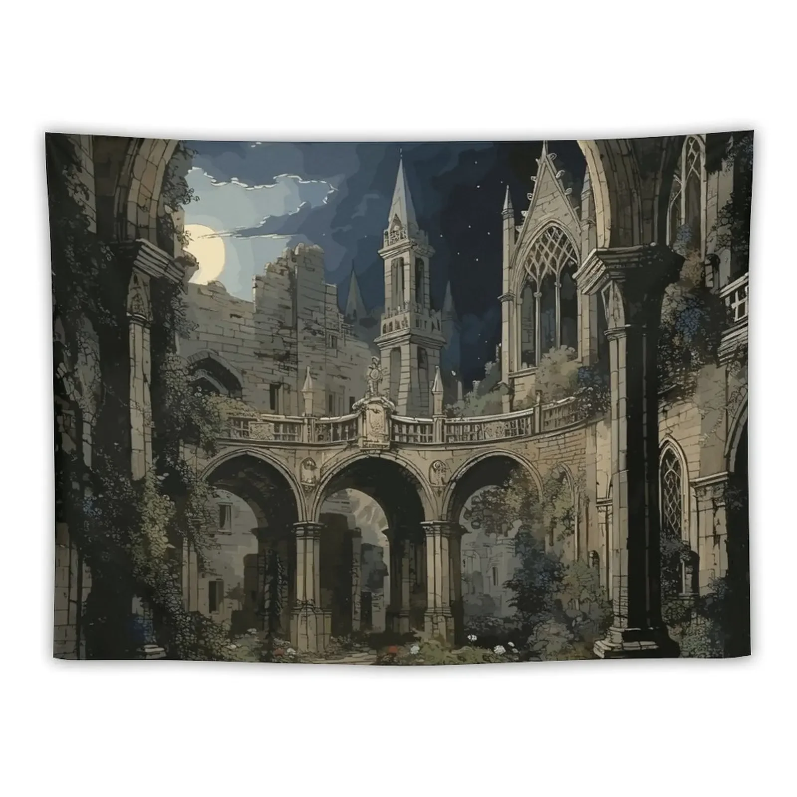 

Gothic Courtyard at Night - Gothic Dark Academia Tapestry Wall Art Outdoor Decor Tapestry