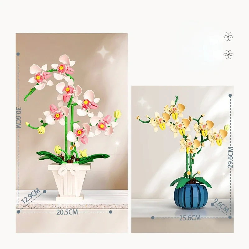 باقة الزهور الأوركيد اللبنات نبات بونساي نموذج الطوب الاصطناعي رومانسية ديكور المنزل اللعب هدية عيد ميلاد لفتاة
