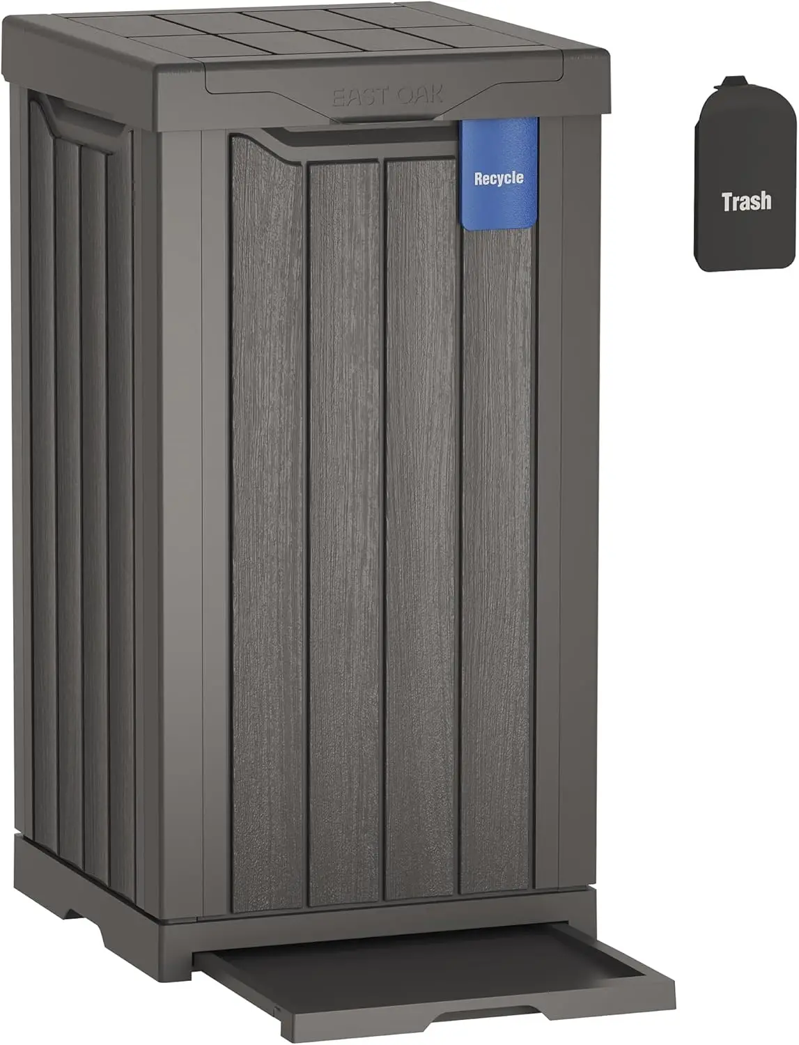 

31 Gallon Outdoor Trash Can with Waterproof Resin, Recycle Labels, Bag Lock & Drip Tray for Patio, Backyard or Deck in Gray