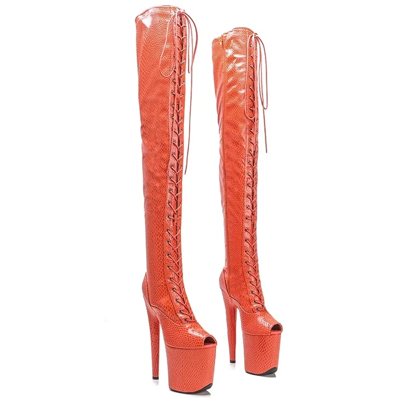 Sexy Model Shows Snake Grain PU Upper 20CM/8Inch Women's Platform Party High Heels Shoes Pole Dance Thigh High Boots 365