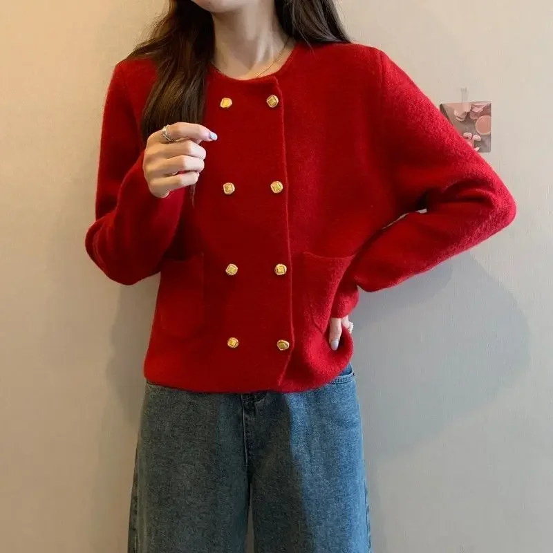 

French Style Double Breasted Cardigan Sweater Gentle Touch for Women Suitable Autumn Winter Wear Small and Short Knit Jacket