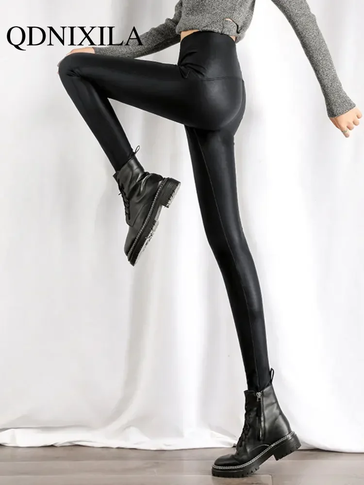 秋冬黒ハイウエストタイツストレッチソフト薄型フリースレギンス女性のためのパンツセクシーな痩身 Pu レザーレギンス女性
