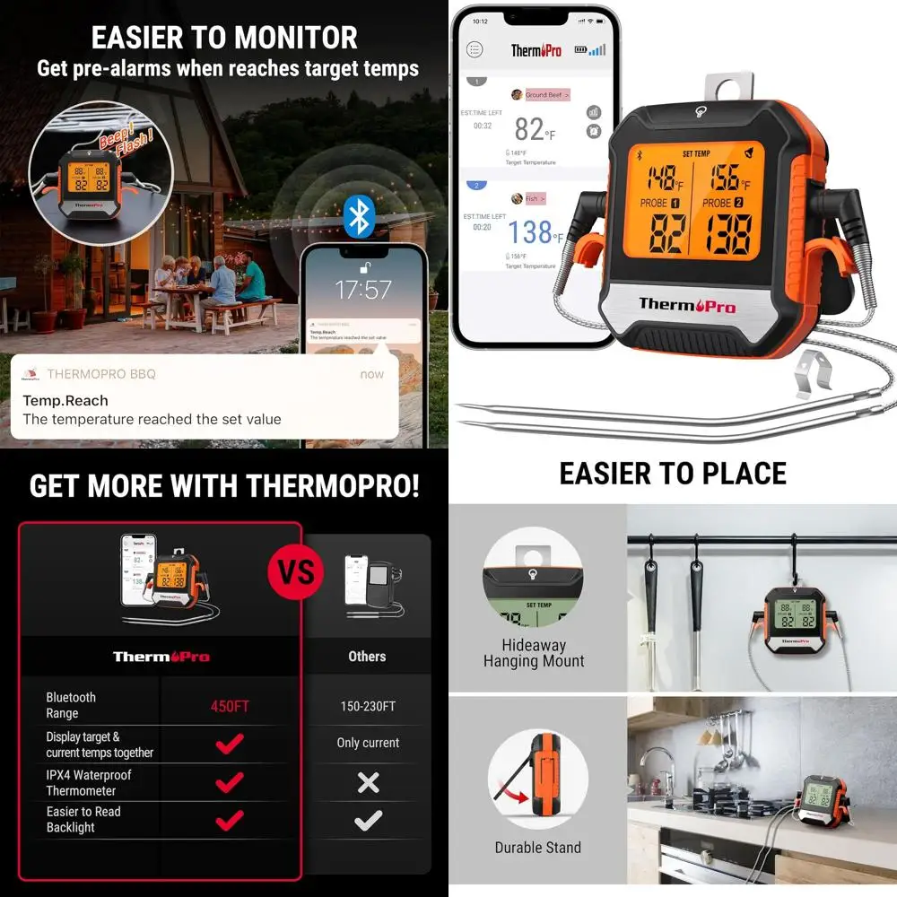 

Беспроводной цифровой термометр для барбекю с диапазоном 450 футов и двойными зондами для гриля и приготовления пищи