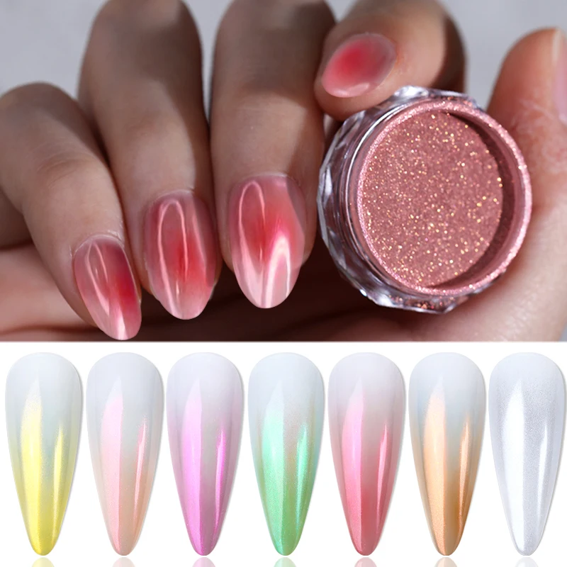 1 Box Gradient Aurora Pink White Chrome Nail Powder Pearl Mirror Effect Colorful Glitter Rubbing Dust On Manicure DIY Decoration